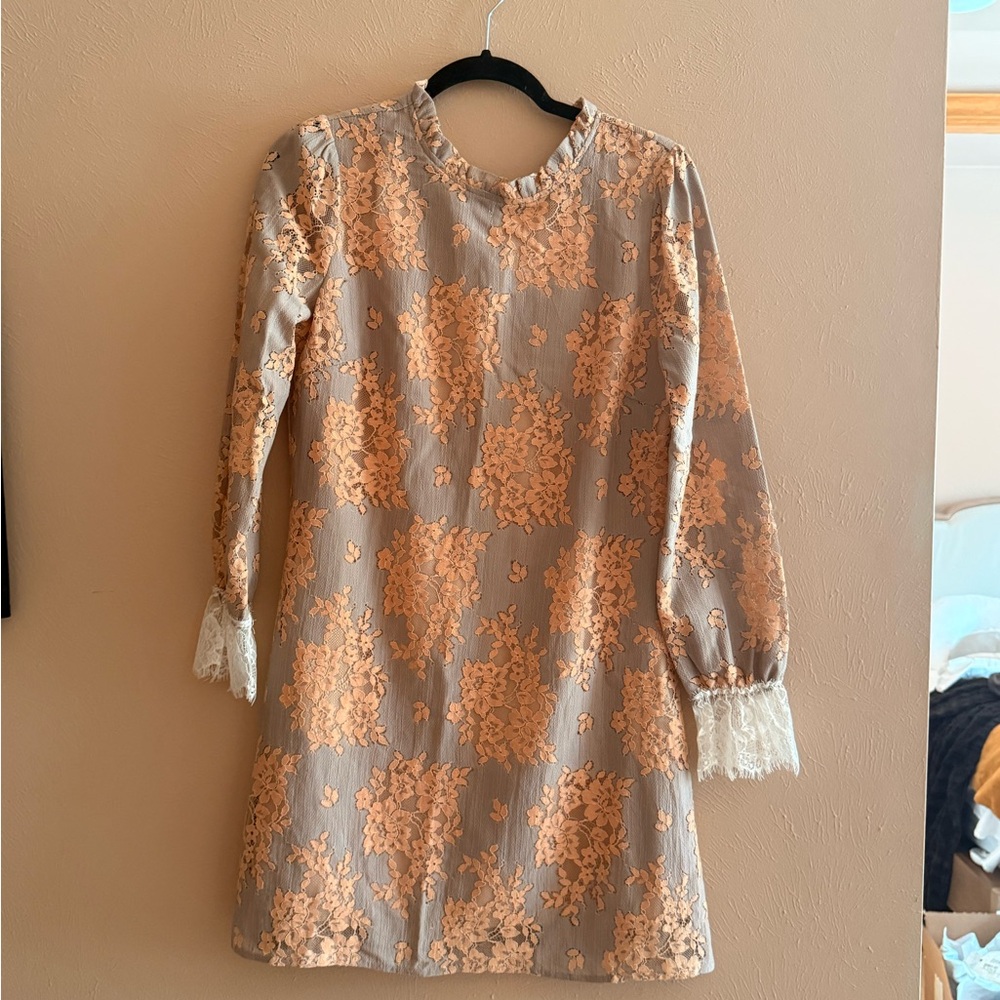 Allegra K Peach Floral Lace Blouse